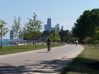 Cyclists and joggers on the Chicago Lakefront Trail